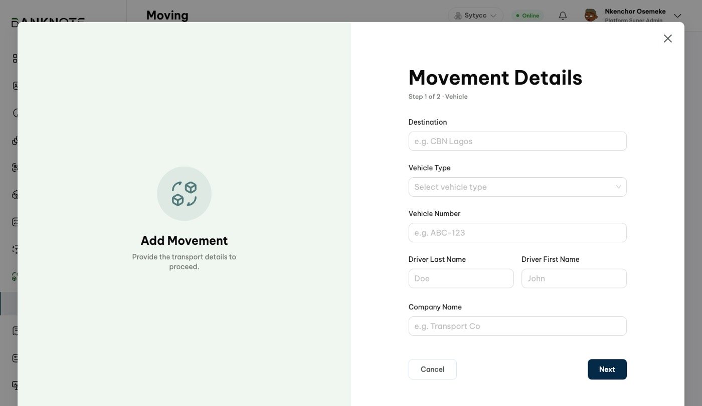 Recording a movement: destination, vehicle, driver and flight