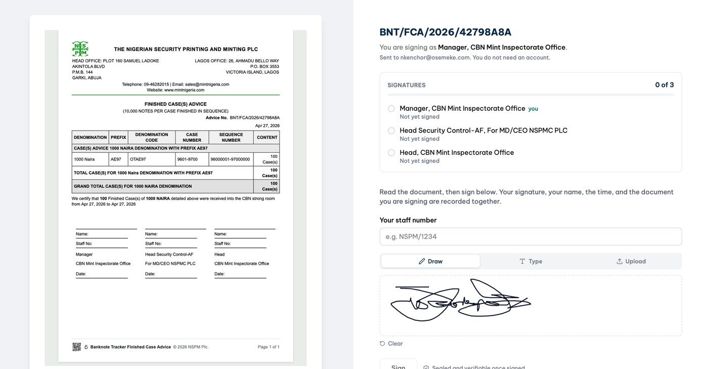 The signing screen with the document and the signature box