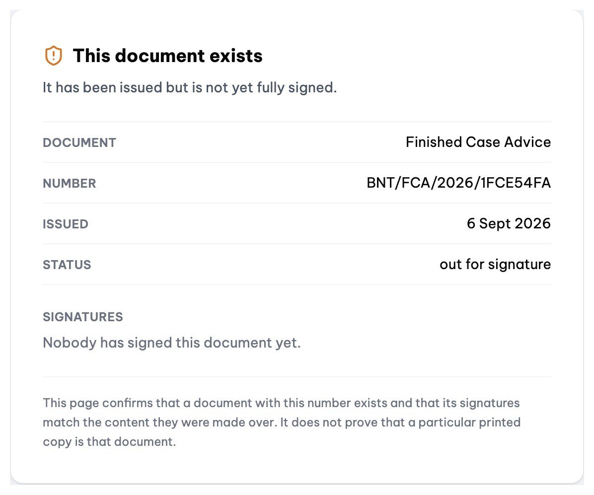 The verification page for a document checked by its QR code
